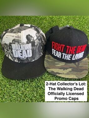 Lot of 2 The Walking Dead Hats AMC Promo Snapback Caps Zombie AOP Camo 2014
